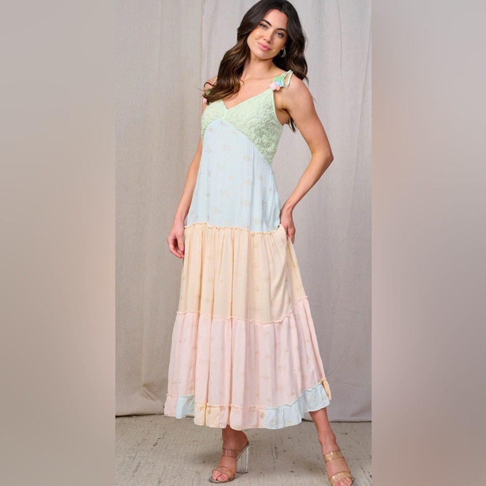 Sleeveless V-Neck Tiered Print Colorblock Maxi Dress - NWT